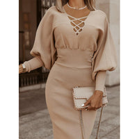 Pure Color High Waist Long Sleeve Knitted Dress