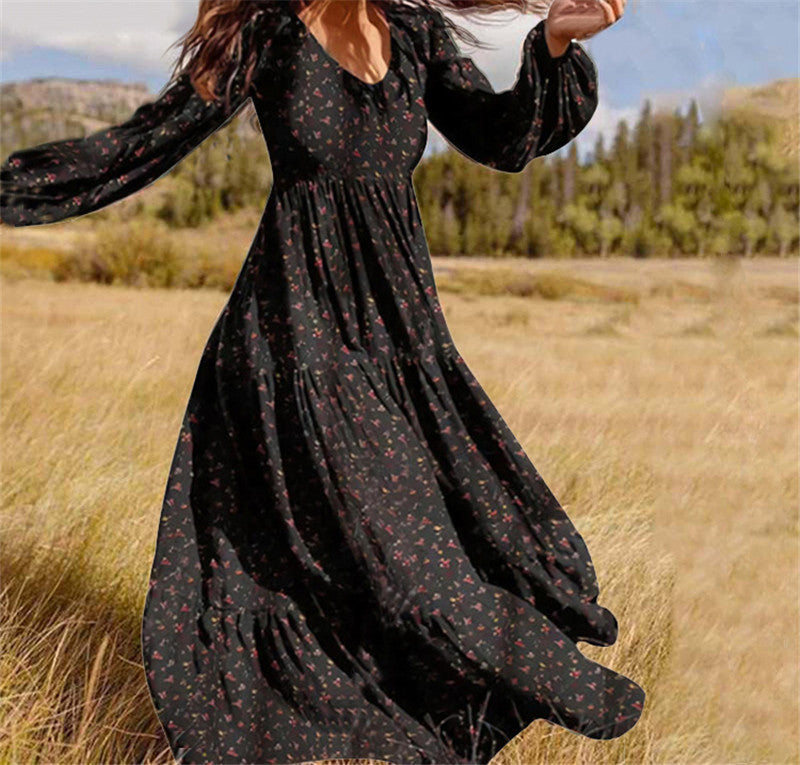 Printed Dress Female V Neck Lantern Sleeve Stitching