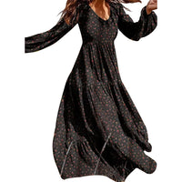 Printed Dress Female V Neck Lantern Sleeve Stitching
