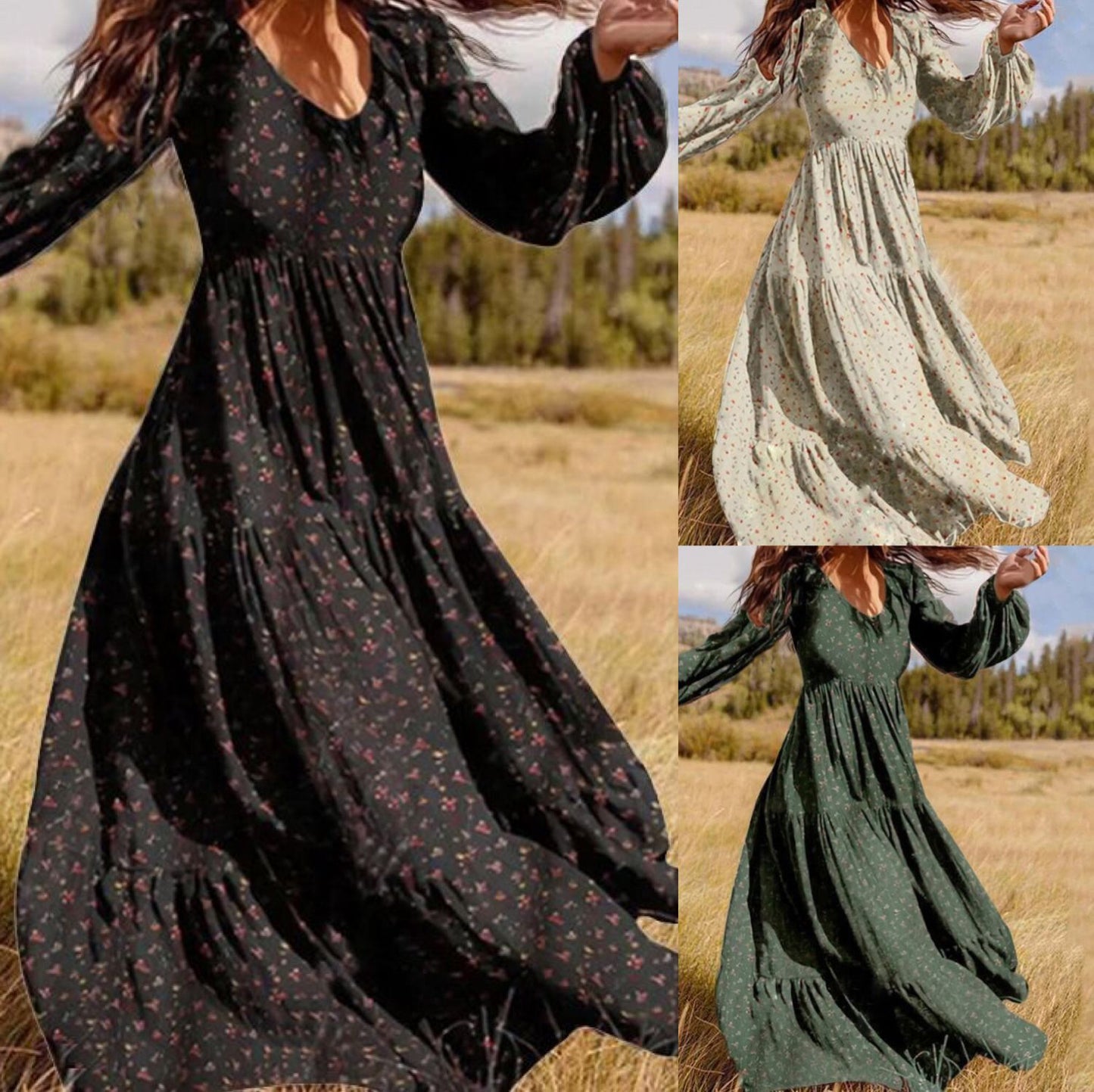 Printed Dress Female V Neck Lantern Sleeve Stitching