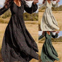 Printed Dress Female V Neck Lantern Sleeve Stitching