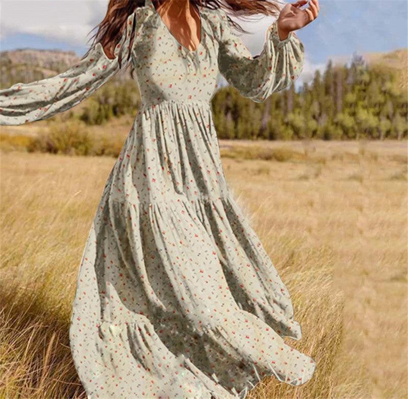 Printed Dress Female V Neck Lantern Sleeve Stitching