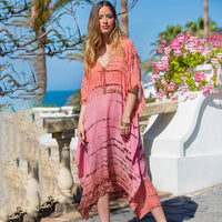 Beauty tie-dye Pink Stripe Printed Beach Blouse Sexy V-neck Robe Vacation Sun Protection Shirt Dress