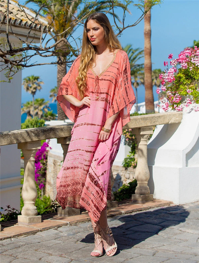 Beauty tie-dye Pink Stripe Printed Beach Blouse Sexy V-neck Robe Vacation Sun Protection Shirt Dress