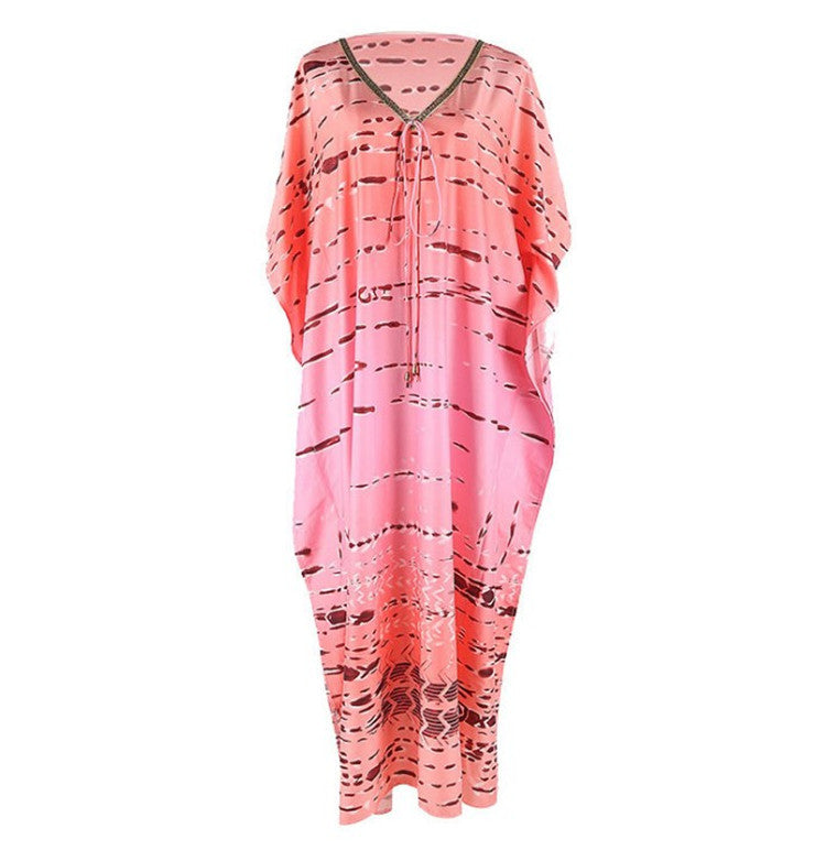 Beauty tie-dye Pink Stripe Printed Beach Blouse Sexy V-neck Robe Vacation Sun Protection Shirt Dress