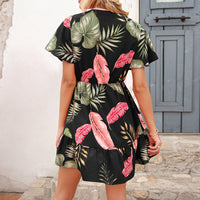 Cross-Border Amazon New Summer European And American Women's Printed Lace-Up Leisure Vacation Short-Sleeved Dress