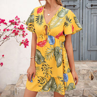 Cross-Border Amazon New Summer European And American Women's Printed Lace-Up Leisure Vacation Short-Sleeved Dress