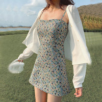 Summer Small Daisy Floral Suspender Skirt Short Waist And Thin Seaside Holiday Skirt Travel Dress Female