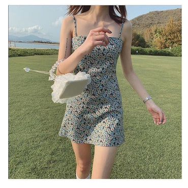 Summer Small Daisy Floral Suspender Skirt Short Waist And Thin Seaside Holiday Skirt Travel Dress Female