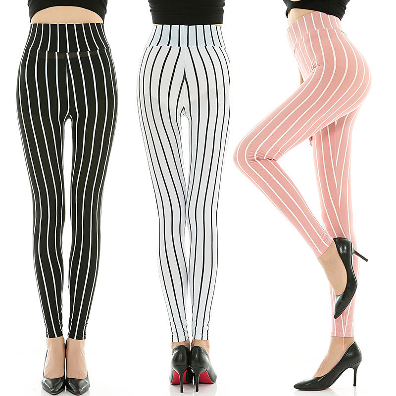 Stretch Knit Striped Cropped Trousers Milk Silk Large Size Silk Black And White Striped High Waist Large Size Women'S Trousers