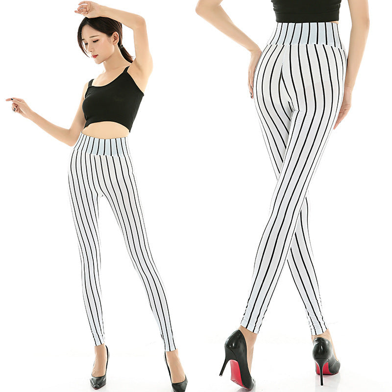 Stretch Knit Striped Cropped Trousers Milk Silk Large Size Silk Black And White Striped High Waist Large Size Women'S Trousers