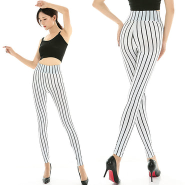 Stretch Knit Striped Cropped Trousers Milk Silk Large Size Silk Black And White Striped High Waist Large Size Women'S Trousers