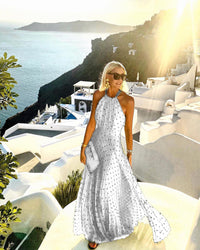 Fashion Sexy Halter Print Pleated Long Dress Women Sweet O Neck Beach Maxi Dress Summer Sleeveless Elegant Boho Party Dress XXL