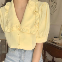 Sweet Short White Chiffon Blouse Women Ruffled Slim Women Shirt Tops Korean