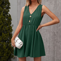 New Fashion V-Neck Sleeveless Casual Pure Color Dress