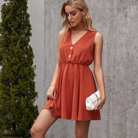 New Fashion V-Neck Sleeveless Casual Pure Color Dress