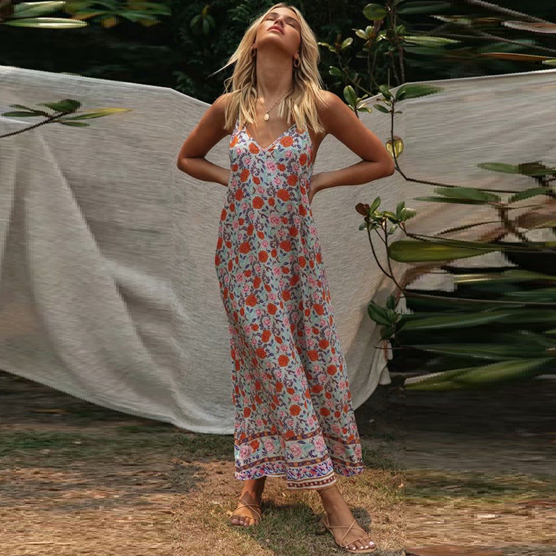 Sling V-neck Printed Midi Skirt