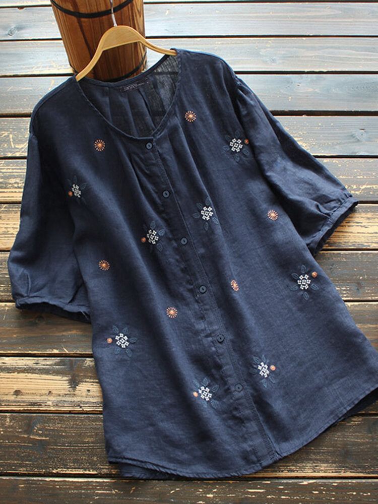 European And American Embroidered Crew Neck Button Short Sleeve - Chic Angle