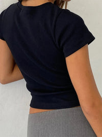 Round Neck Pullover Short Sleeve Butterfly Exquisite Embroidered Top - Chic Angle