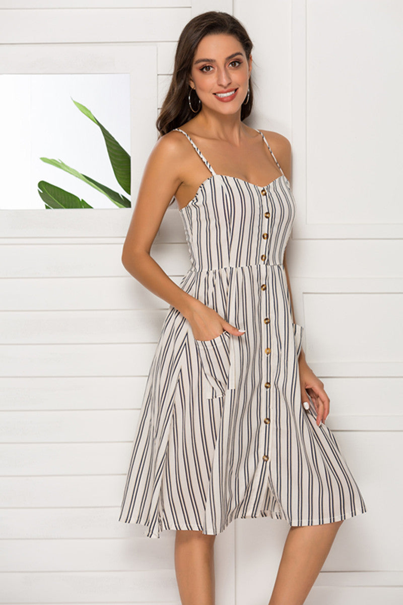 Sexy Dress Midi Button Striped Floral Dress