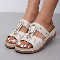 Plus Size Flat Wedge Heel Cutout Rhinestone Embroidered Ladies Sandals