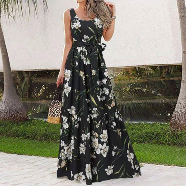 Sleeveless Belt Irregular Cake Maxi Dress