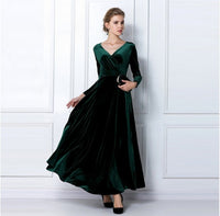 Thickened good quality Spring and autumn winter long-sleeved dress Gold velvet maxi dress V-neck dress