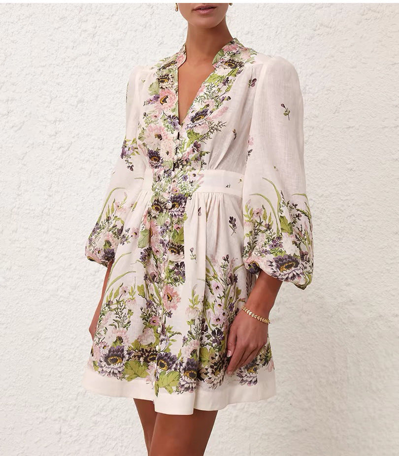 Australian Design Lantern Sleeve Cotton And Linen Temperament Waist-controlled Single-breasted Skirt Vacation Style