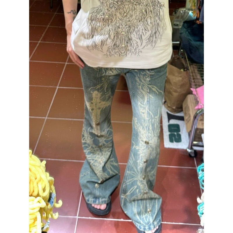 Women's Plus Size Washed Old Tattoo Slightly Flared Jeans