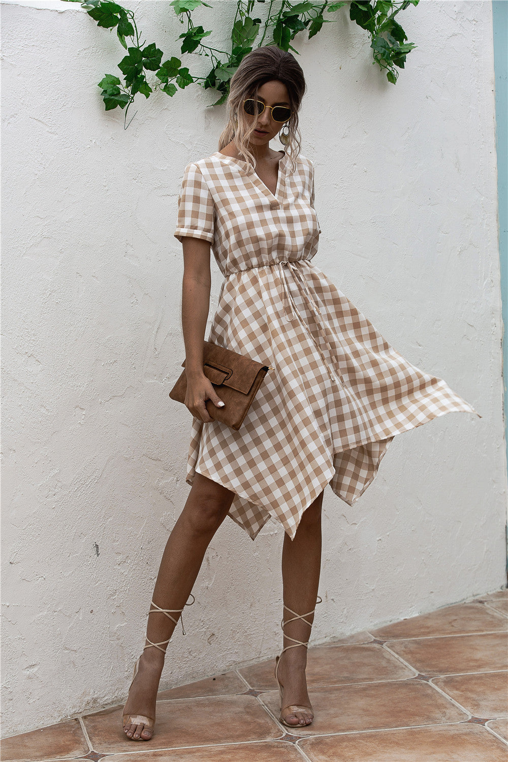 Original Design V-Neck Plaid Irregular Dress