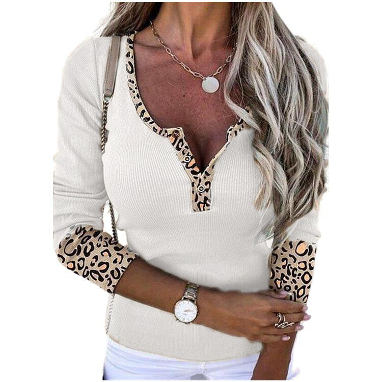 Leopard Splicing V-neck Buttons Top Sexy Slim Fit T-shirt