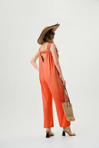 Women's Linen Jumpsuit - Comfortable And Breathable, Elastic Back With Classic H-Line Design And Pockets, Available In Black Apricot And Orange Red