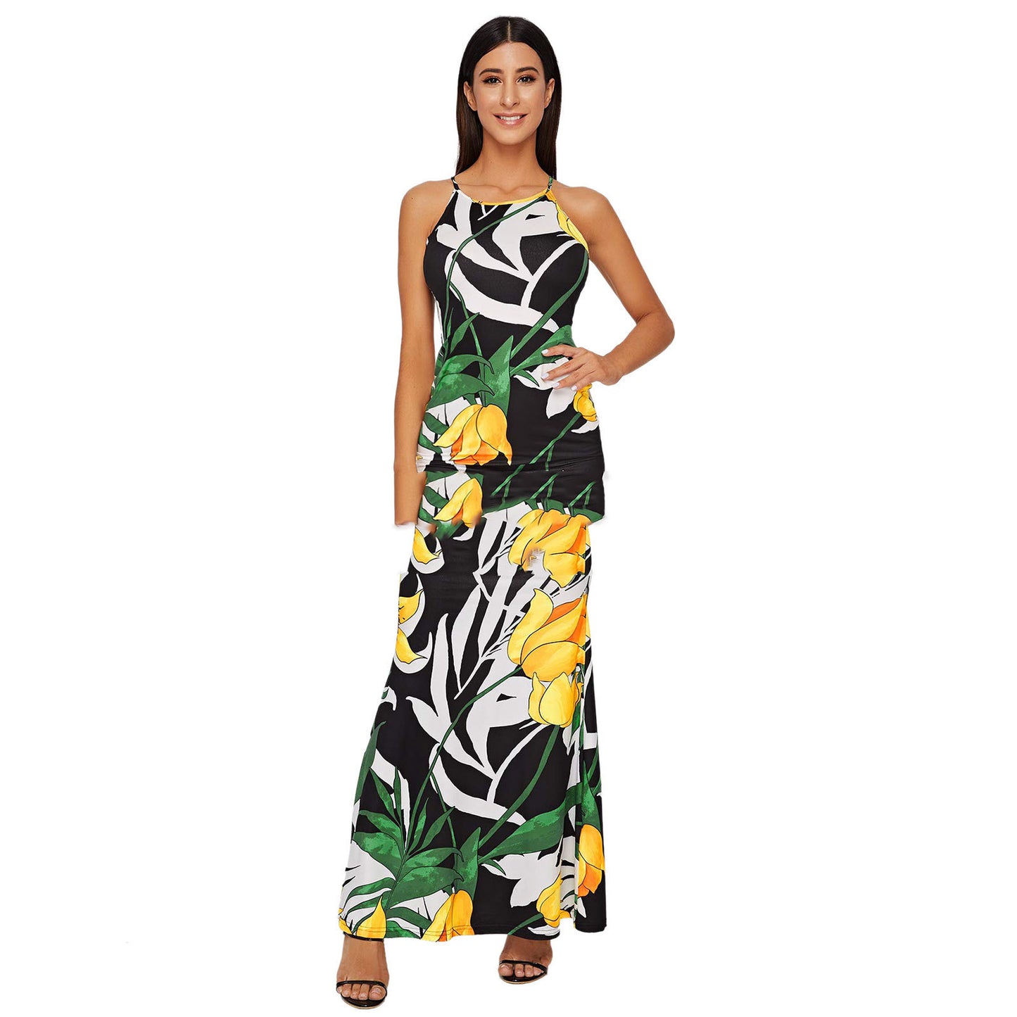 Women's Corset Milk Silk Maxi Suspender Print Dress