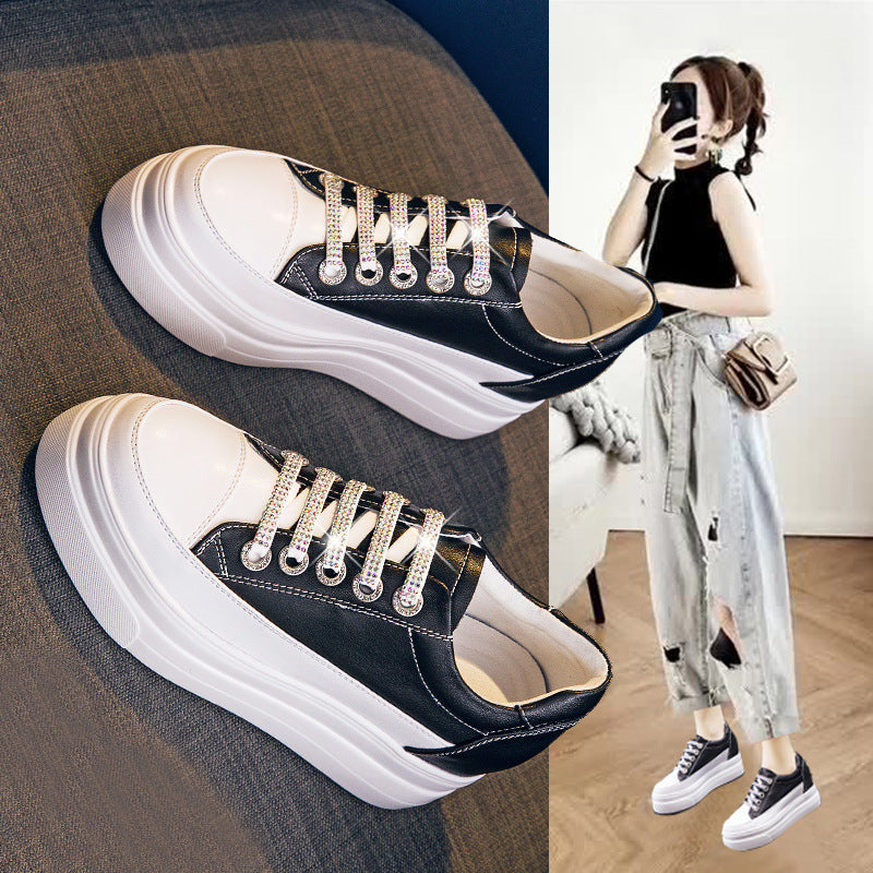 Genuine Leather Platform Versatile Casual Breathable White Muffin Height Increasing Insole Women's Board Shoes - Chic Angle
