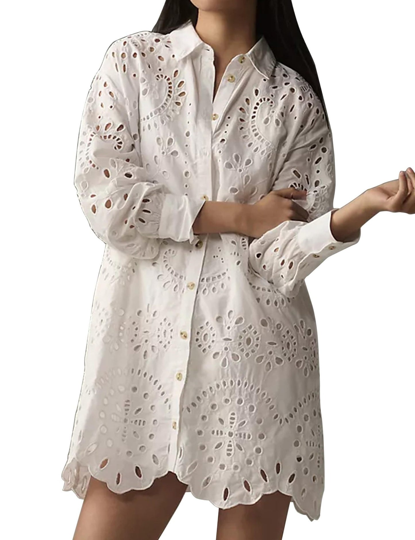 Women's Loose Long-sleeved Casual Hollow Pleated Shirt