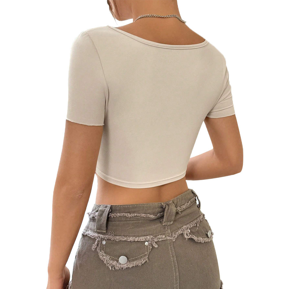 Women's Knitted Fabric Hot Girl Design Chest Twist Pleated Deep V Top - Chic Angle