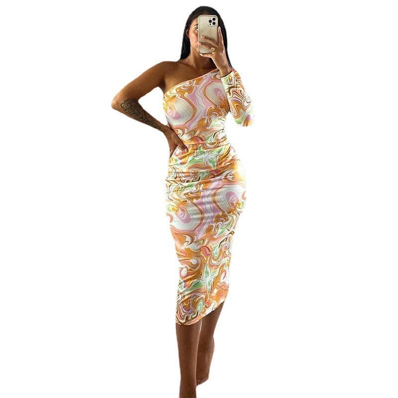 Women's Fashion Print Slanted Shoulder Long Sleeve Slim Fit Midi Dress