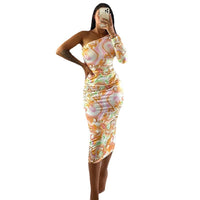 Women's Fashion Print Slanted Shoulder Long Sleeve Slim Fit Midi Dress