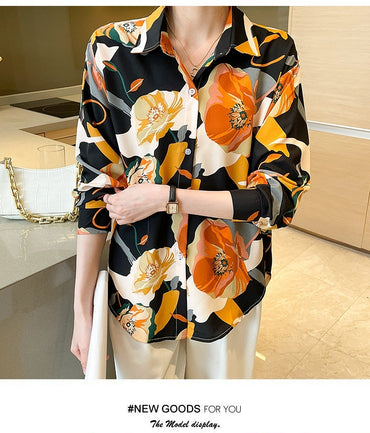 Spring Design Sense Retro French Temperament Printed Chiffon Long-sleeved Shirt For Women - Chic Angle