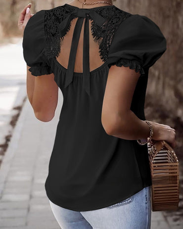 Casual Lace Stitching Tied Gift Knot Puff Sleeve Top