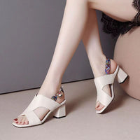 Women's Stylish Peep Toe One-word Buckled Chunky Heel Mom Sandals