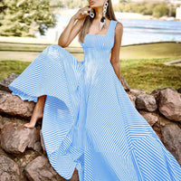 Women's Fashion Square Neck Slim Fit Casual Vacation Striped Big Swing Dress