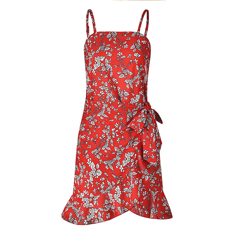 USA SIZE Leaf Print Sling Chiffon Dress Sexy Beach Seaside Vacation Irregular Skirt
