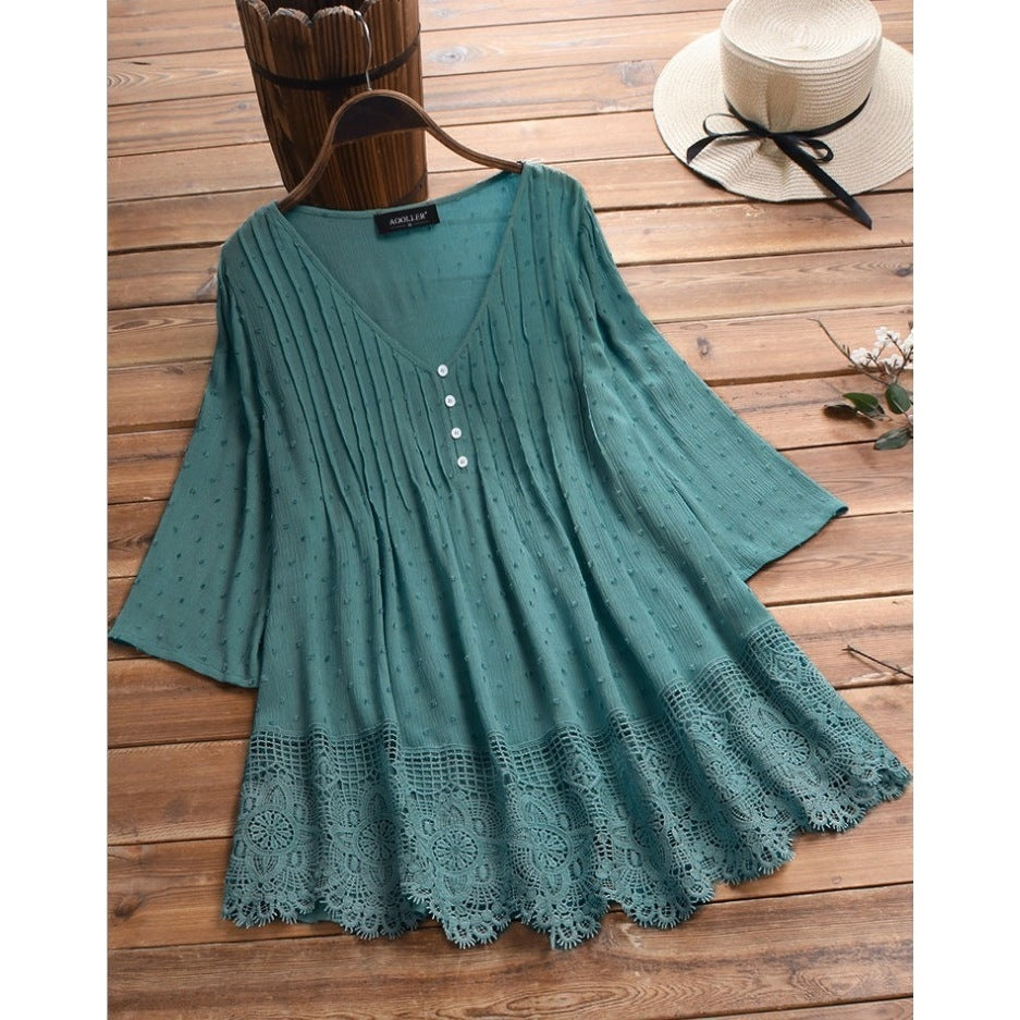 Women's Jacquard Pleated Lace Hollow Out V-neck Shirt - Chic Angle