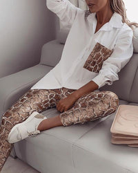 Ladies Printed Two-piece Sexy Shirt Top Trousers