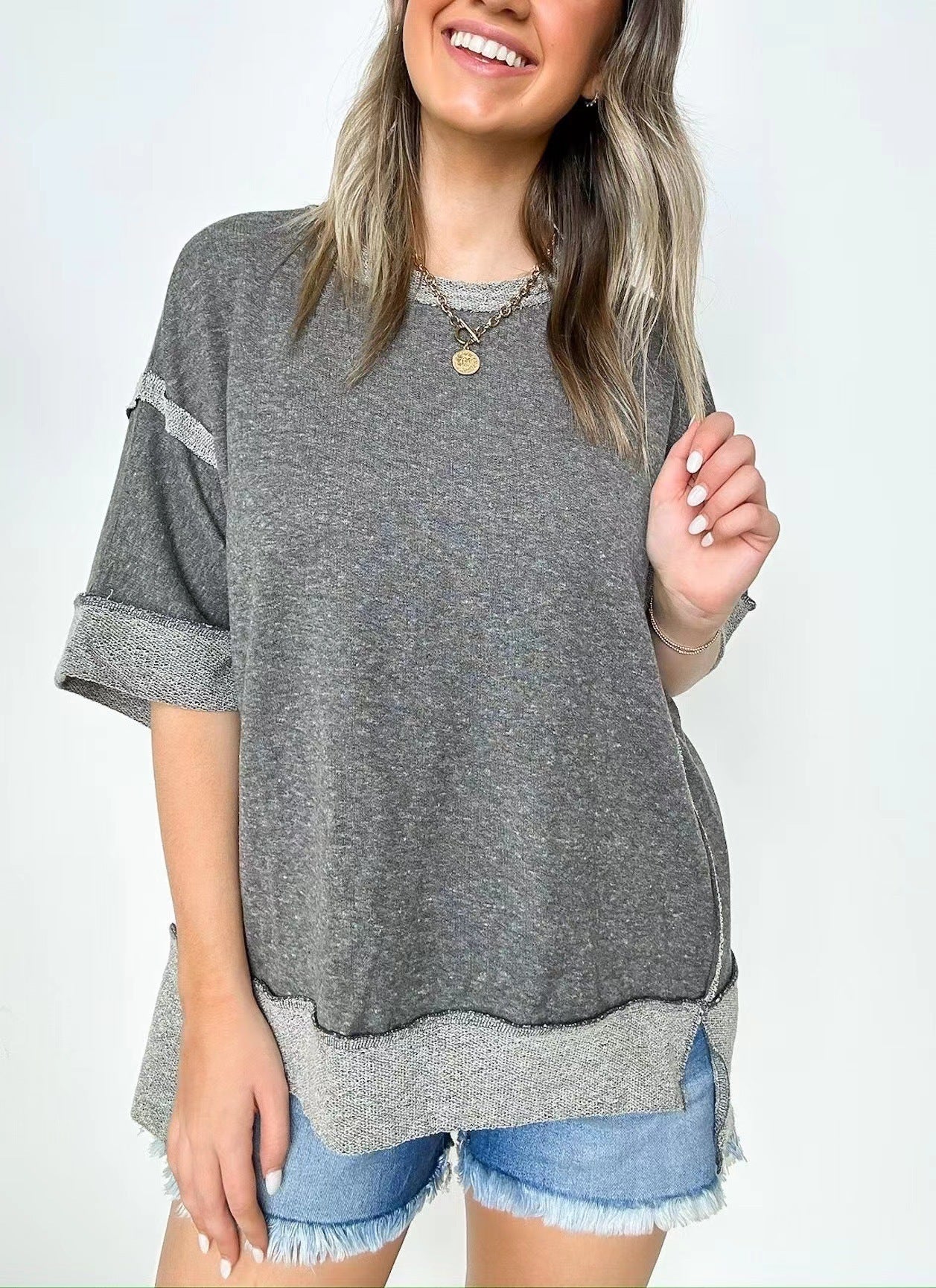 New Round Neck Loose Patchwork Sweater T-shirt