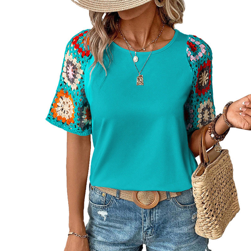 Casual All-match Crocheted Short-sleeved Top - Chic Angle