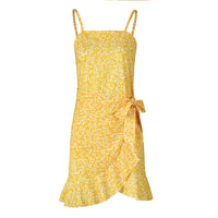 USA SIZE Leaf Print Sling Chiffon Dress Sexy Beach Seaside Vacation Irregular Skirt
