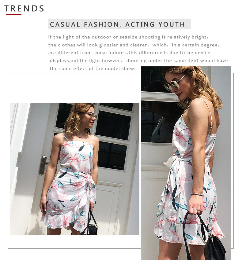 USA SIZE Leaf Print Sling Chiffon Dress Sexy Beach Seaside Vacation Irregular Skirt