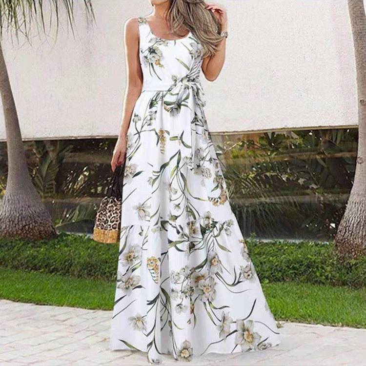 Sleeveless Belt Irregular Cake Maxi Dress